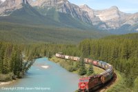 CP AC4400 number 9721 pushes a grain train through Morant's Curve in July 2005. Note, this is the END of the train, 9721 is pushing.